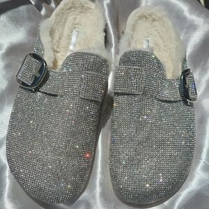 MADDEN GIRL Fur Lined Sparkling Silver Rhinestone Slide On Clogs